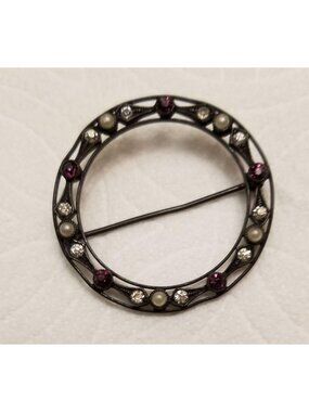 Vintage Silver Rhinestone Pearl Brooch Pin Round Antiqued Scarf Hat SC402